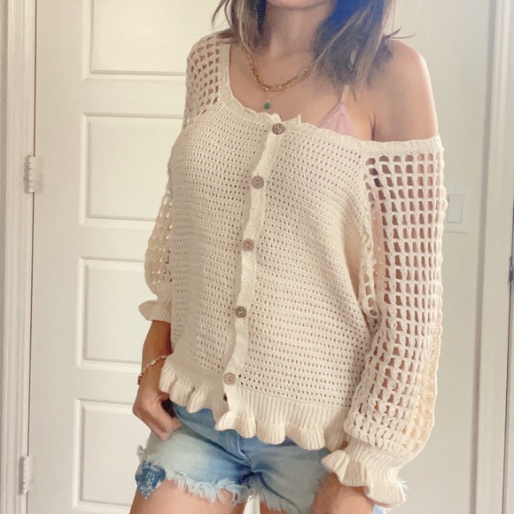 Miracle Cozy Crochet Button down Ruffle Sweater Top - Picture 10 of 16